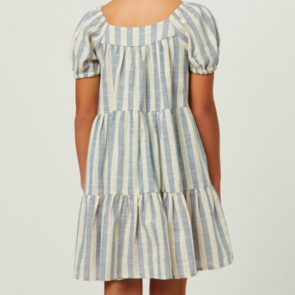 Girls Cotton Striped Square Neck Puff Sleeve Tiered Dress - Picture 9 of 10